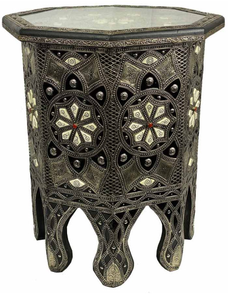 Table marocaine en résine noire, fleurs blanches