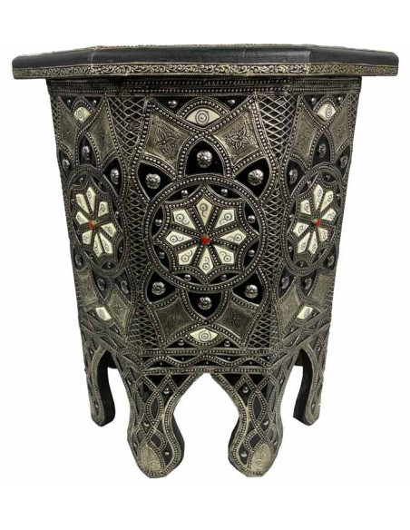Table de bout marocaine en résine et incrustations de cuivre