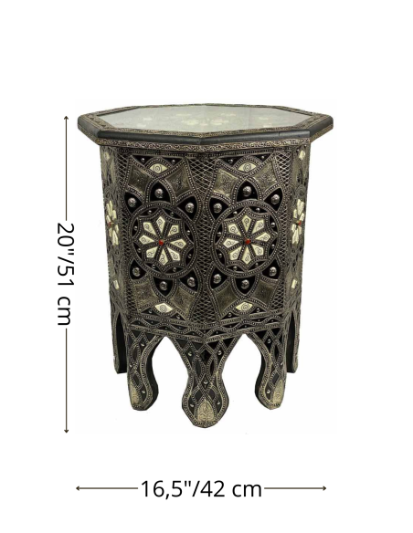 Table marocaine en résine noire, fleurs blanches