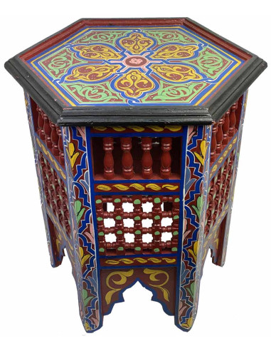 Table marocaine en bois peint bleu et rouge