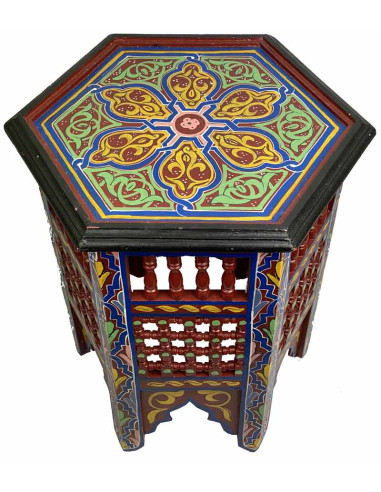 Table marocaine en bois peint bleu et rouge