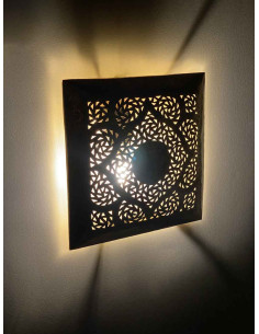Moroccan openwork copper wall sconce, square with medallion 2