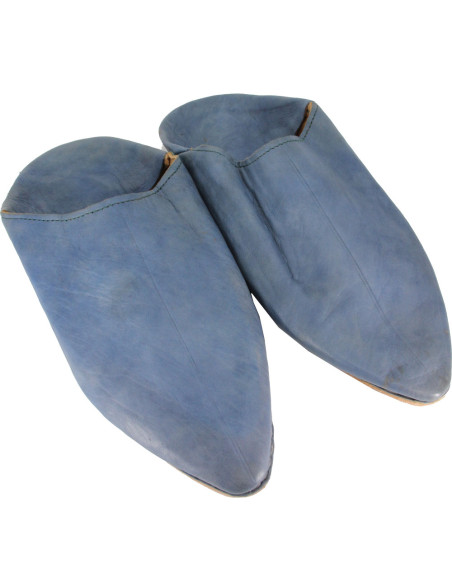 Women's Moroccan pointed babouche slippers, plain blue