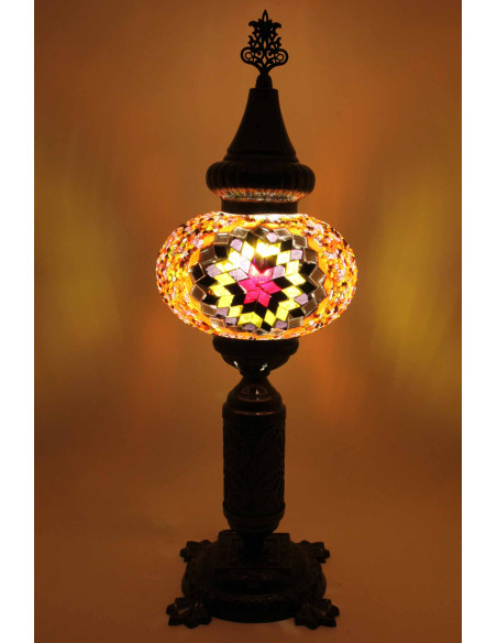 Turkish Mosaic Lamp with a pink star on amber, 19 in