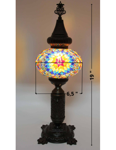 Turkish Mosaic Lamp with a blue and yellow sunburst, 19 in