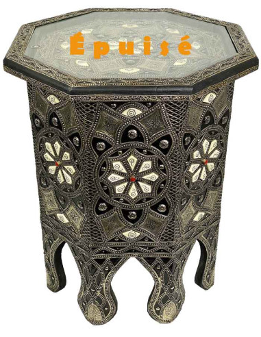 Table marocaine en résine noire, fleurs blanches