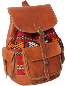 Sac à dos en cuir caramel et kilim rouge