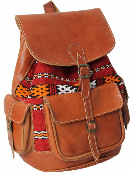 Caramel Leather and Red Kilim Backpack