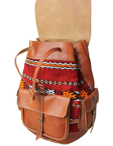 Caramel Leather and Red Kilim Backpack