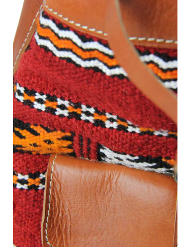 Sac à dos en cuir caramel et kilim rouge