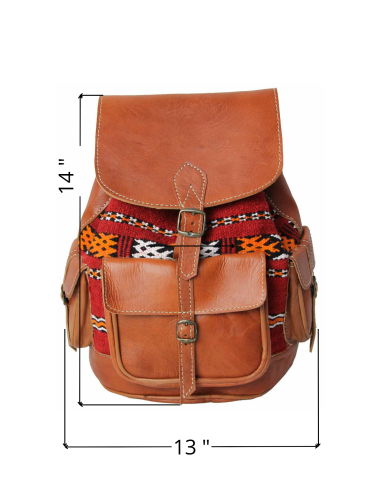 Sac à dos en cuir caramel et kilim rouge