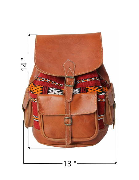 Sac à dos en cuir caramel et kilim rouge