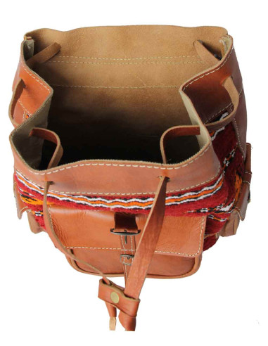 Sac à dos en cuir caramel et kilim rouge