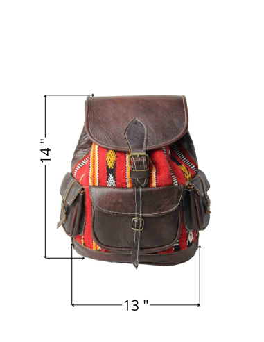 Sac à dos en cuir marron et kilim rouge