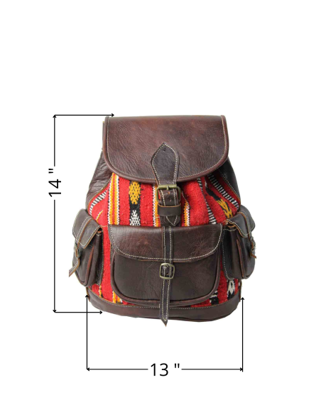 Sac à dos en cuir marron et kilim rouge