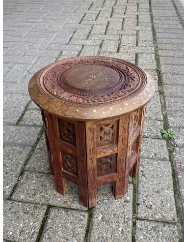 Round Carved Sheesham Wood Table, 12 in