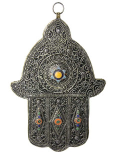 Large chiselled silver metal Hand of Fatima with yellow...