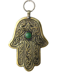 Gold metal Hand of Fatima with green stone