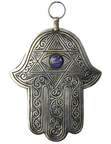 Silver metal Hand of Fatima with star and blue...