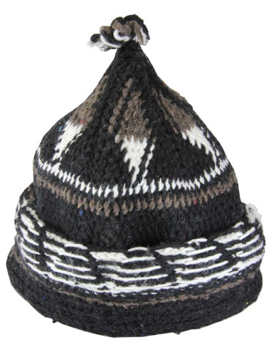 Tuque berbère en laine noire à motifs blancs