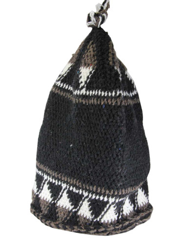 Tuque berbère en laine noire à motifs blancs