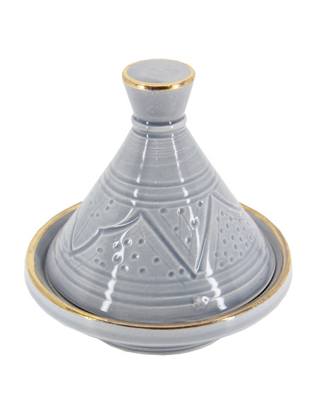 Mini tagine in engraved ceramic with gold rim, grey