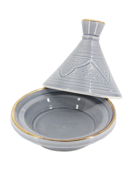Mini tagine in engraved ceramic with gold rim, grey
