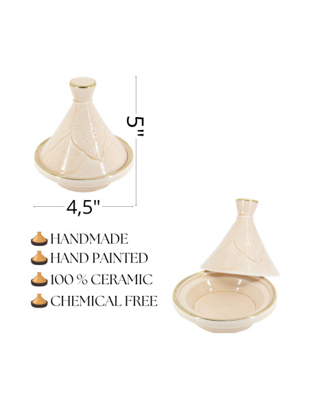 Mini tagine in engraved ceramic with gold rim, cream
