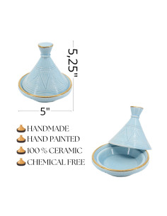 Mini tajine en céramique gravée à liseré doré, bleu ciel,... 2