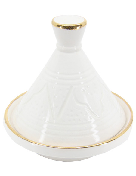 Mini tajine en céramique gravée à liseré doré, blanc, taille 2