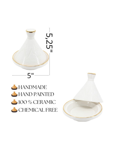 Mini tajine en céramique gravée à liseré doré, blanc, taille 2