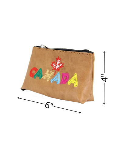 Caramel leather coin purse, colourful Canada...