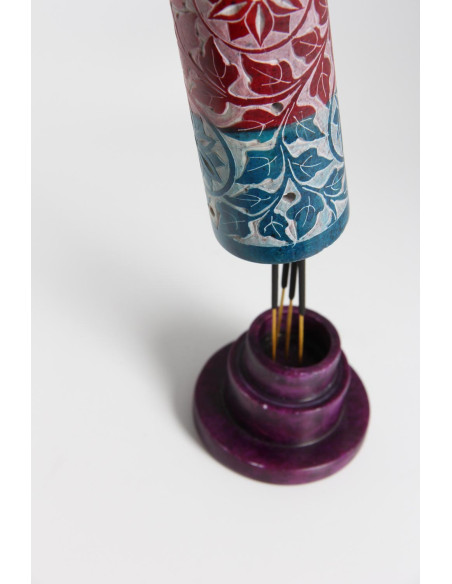 Porte-encens colonne ronde multicolore à fleurs gravées