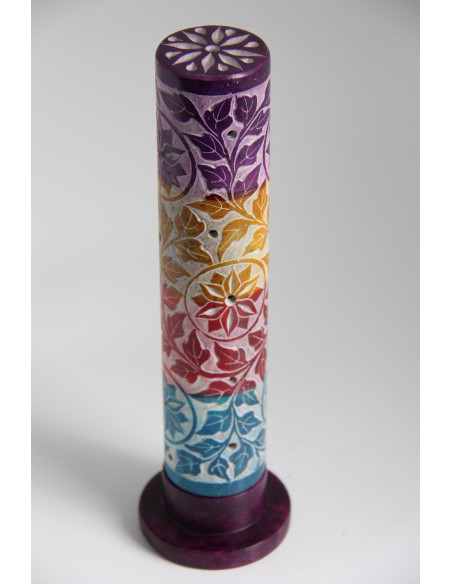 Porte-encens colonne ronde multicolore à fleurs gravées