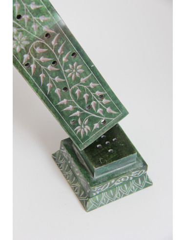 Porte-encens colonne carrée verte gravée