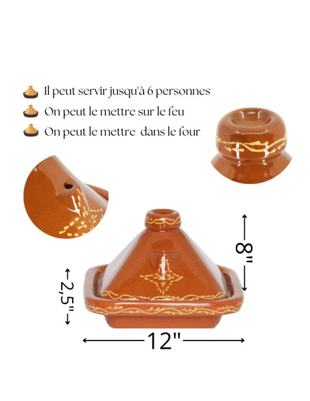 Tajine marocain carré en terre cuite 30 cm (12 po) – 4 à 6 personnes