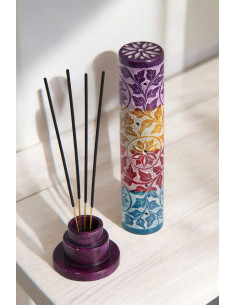 Porte-encens colonne ronde multicolore à fleurs gravées 2