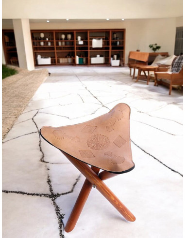 Mini tabouret pliant en cuir naturel