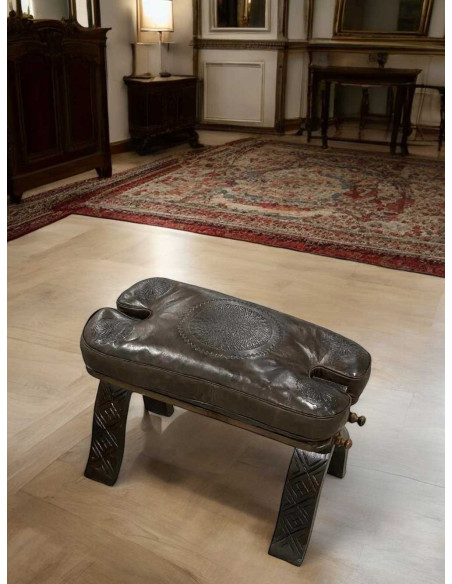 Wood and brown leather bench