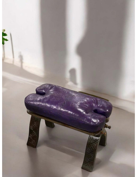 Folding Camel Saddle Chair, Cedar and Purple Leather