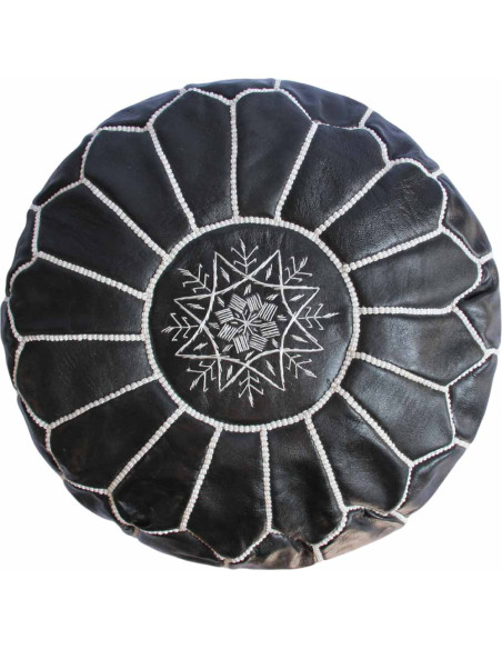 Grand pouf marocain en cuir noir – Ø 20 po, H 13 po