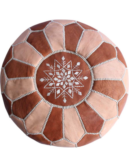 Grand pouf marocain en cuir caramel et naturel – Ø 20 po, H 13 po