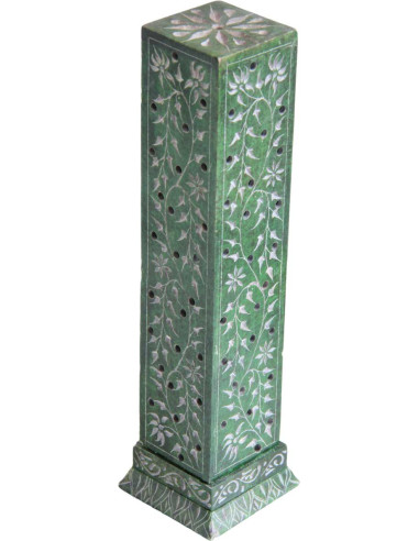 Porte-encens colonne carrée verte gravée