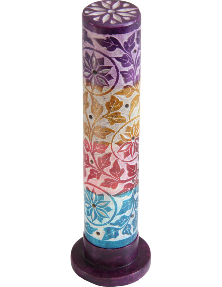 Porte-encens colonne ronde multicolore à fleurs gravées