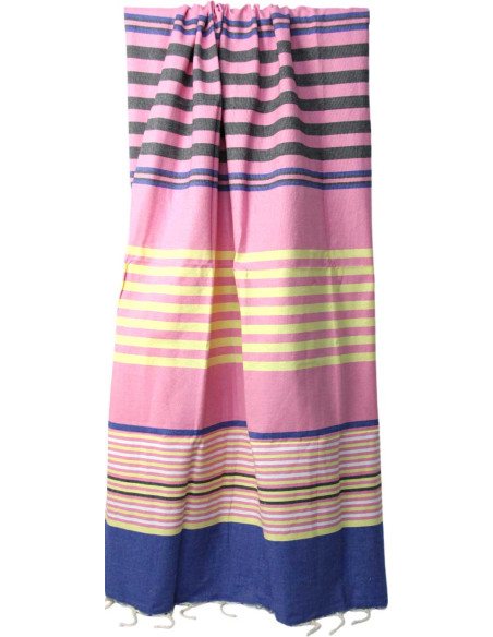 Fouta rose rayée à bande bleu marine