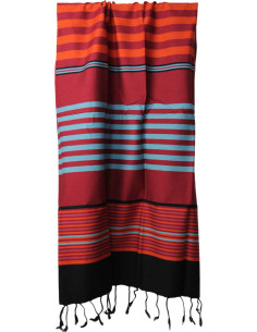 Fouta rouge à rayures bleues et bande noire