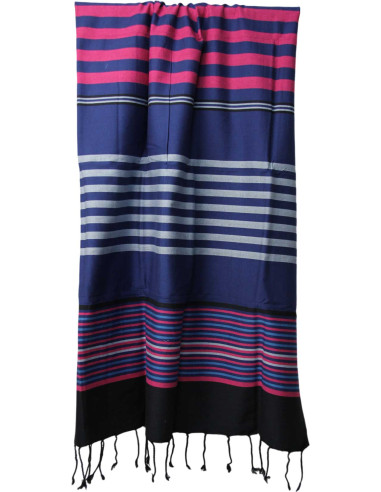 Fouta bleu marine à rayures roses