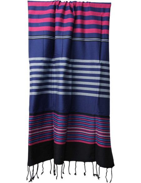 Fouta bleu marine à rayures roses