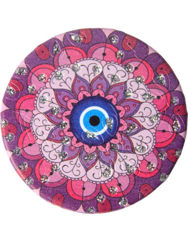 Round hand mirror with pink mandala and blue eye