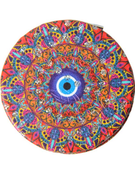 Round hand mirror with red mandala and blue eye